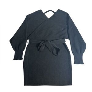 Black Ribbed Wrap Dress XL Tie Waist Balloon Sleeve Midi Minimalist